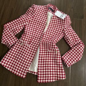 Zara Red and White Houndstooth Blazer